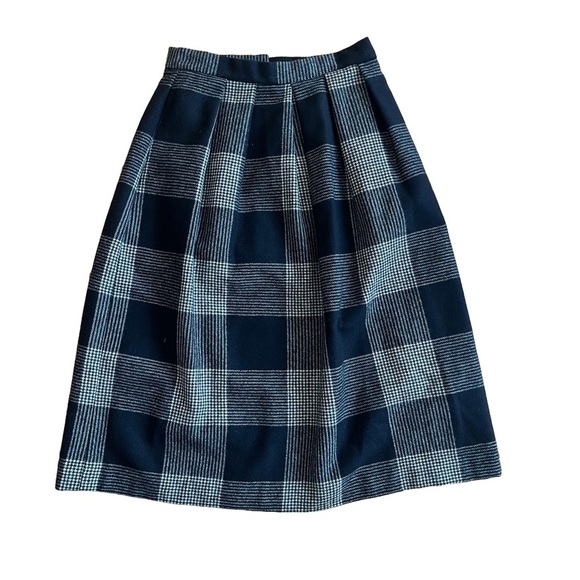 Vintage High-Waisted Wool Midi Skirt in Navy & Black Glen Plaid 100% Pure Wool - Picture 1 of 7